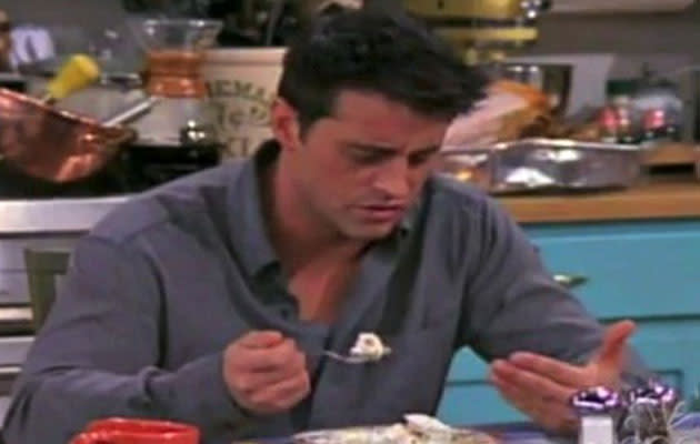 Until now, fans had no idea that the whipped cream and bananas being eaten here by Matt LeBlanc had already been chewed up and spat out by David Schwimmer. Source: NBC