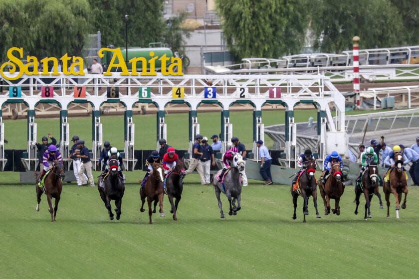 ARCADIA, CA - SEPTEMBER 27, 2019 — Giovanni Franco (5) riding Almost a Factor wins second race.