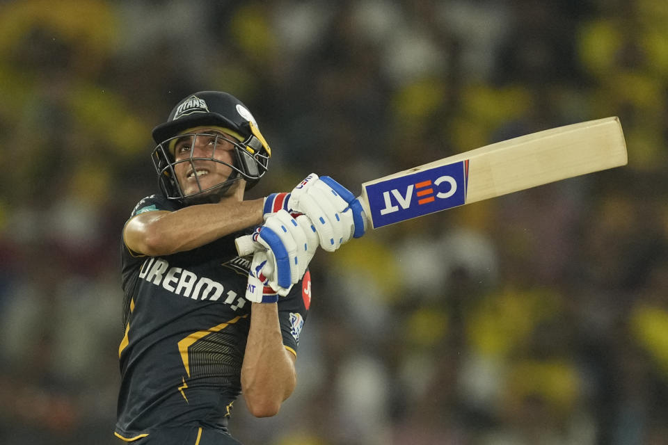 Gujarat Titans' captain Shubman Gill plays a shot during the Indian Premier League cricket match between Gujarat Titans and Chennai Super Kings in Ahmedabad, India, Friday, May 10, 2024.(AP Photo/Ajit Solanki)