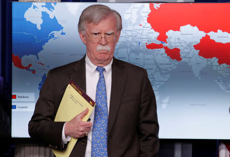 U.S. National Security Adviser John Bolton arrives to address reporters as the Trump administration announces economic sanctions against Venezuela and the Venezuelan state owned oil company Petroleos de Venezuela (PdVSA) during a press briefing at the White House in Washington, U.S., January 28, 2019. REUTERS/Jim Young