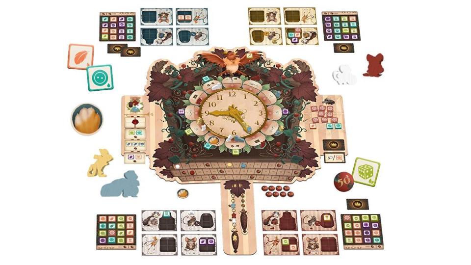 Overview of the board and components for the board game Hickory Dickory