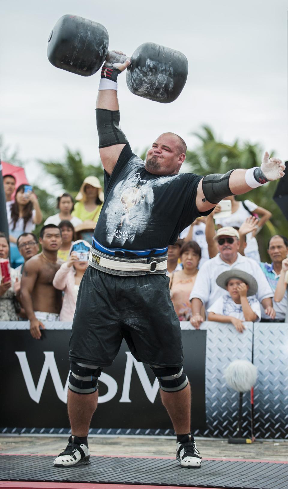 Brian Shaw of USA competes at the Circus Medley event during the World's Strongest Man competition at Yalong Bay Cultural Square on August 24, 2013 in Hainan Island, China.
