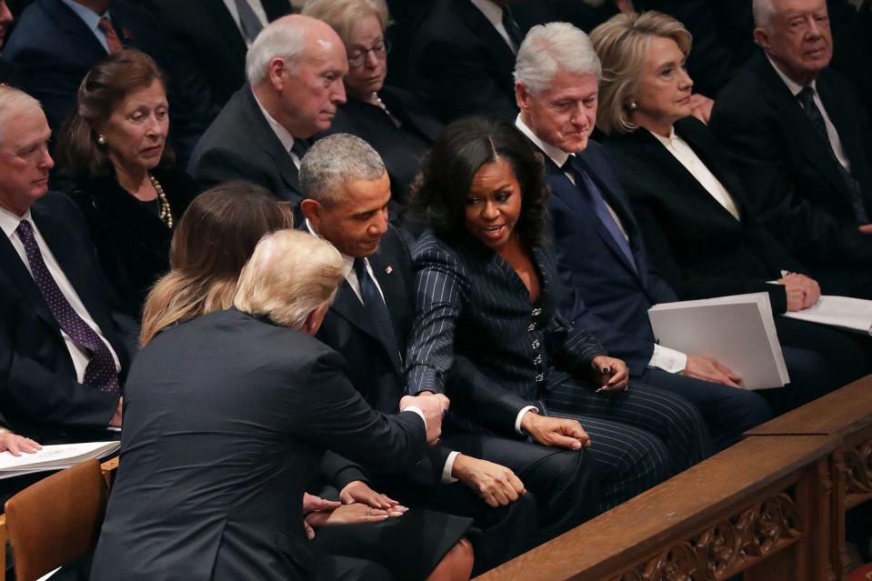 <p>President Donald Trump and First Lady Melania Trump greet former President Barack Obama and Michelle Obama at the National Cathedral.</p>