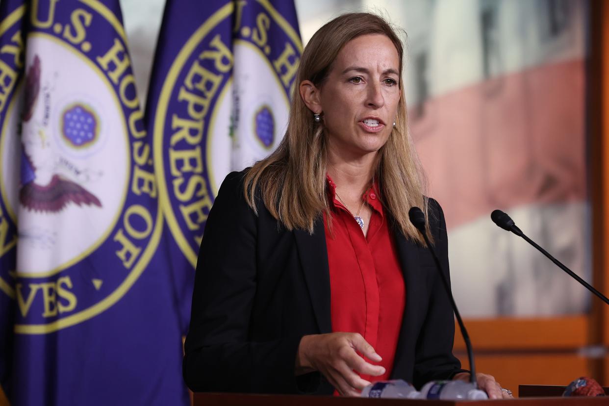 Democratic Rep. Mikie Sherrill of New Jersey talks to reporters following a caucus meeting at the US Capitol on August 24, 2021.