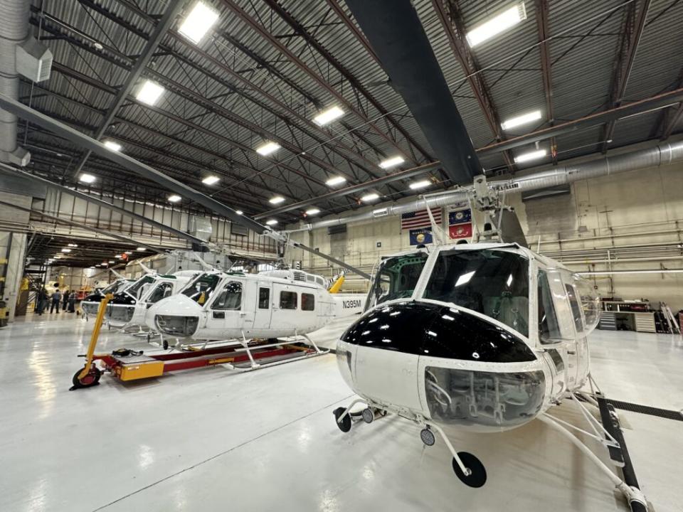 The DNRC's helicopter firefighting fleet at its hangar on May 8, 2024. (Image via Blair Miller, Daily Montanan)