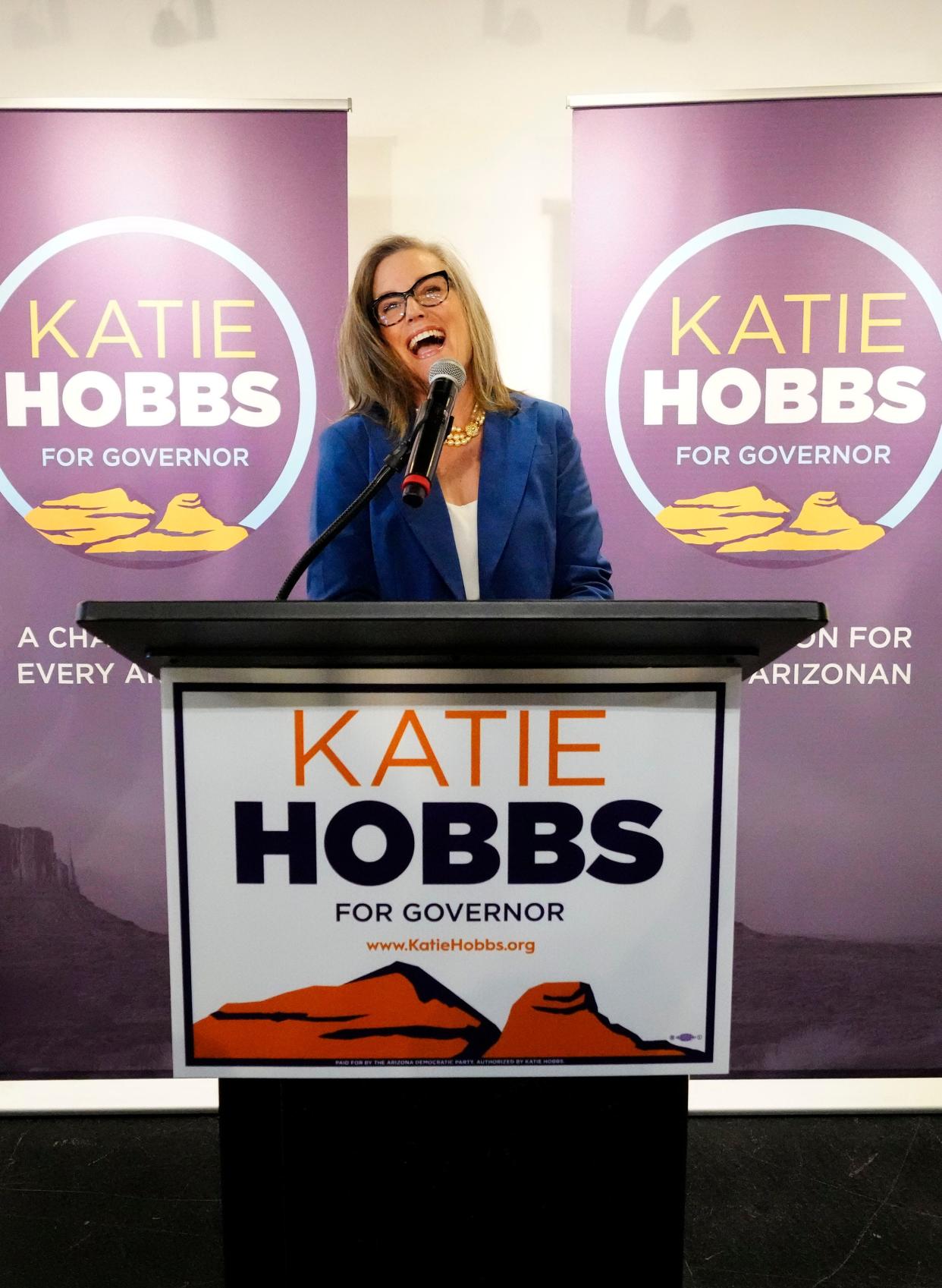 Katie Hobbs, Democratic candidate for Arizona governor, declares victory in her race at a news conference in Phoenix on Nov. 15, 2022. Hobbs defeated Republican candidate Kari Lake.