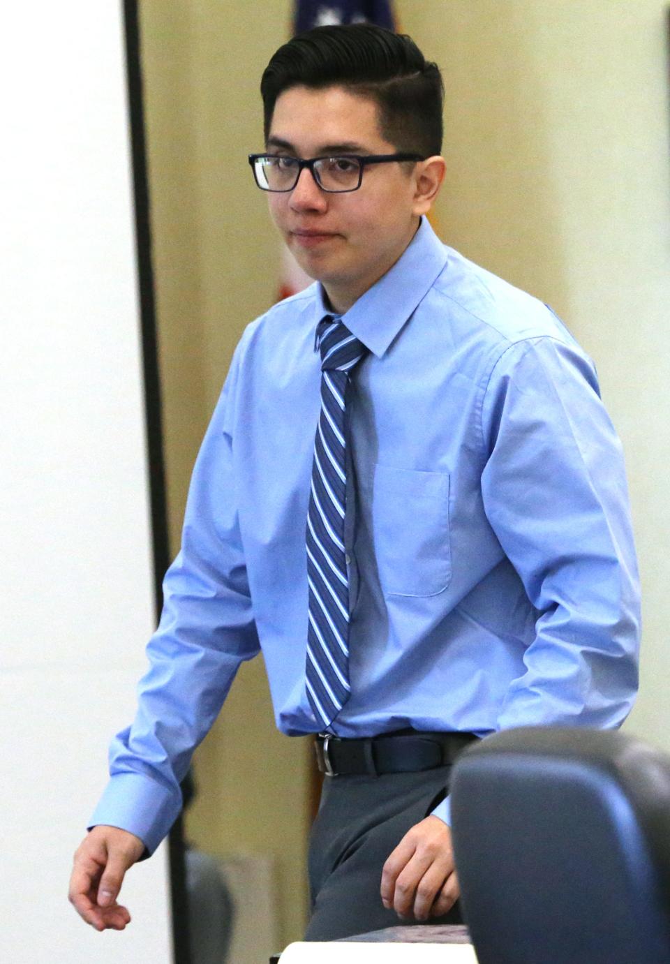 Mauricio Guerrero, 21, leaves the witness stand for a morning break Monday, May 15, 2023 during his trial at Strafford County Superior Court in Dover.