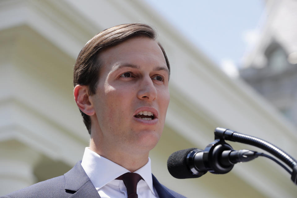 FILE – In this July 24, 2017 file photo, White House senior adviser Jared Kushner speaks to reporters outside the White House in Washington. The White House says President Donald Trump will be sending three senior officials to the Middle East in coming days to discuss prospects for resuming the Israeli-Palestinian peace process. (AP Photo/Pablo Martinez Monsivais, File)