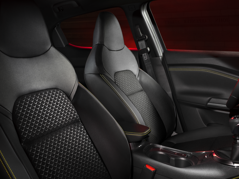 Yellow stitching features throughout the Juke Kiiro’s interior. (Nissan)