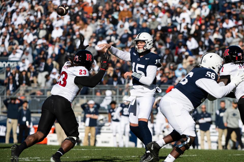 Penn State quarterback Drew Allar throws a checkdown pass to running back Kaytron Allen during an NCAA football game against Rutgers Saturday, Nov. 18, 2023, in State College, Pa. The Nittany Lions won, 27-6.