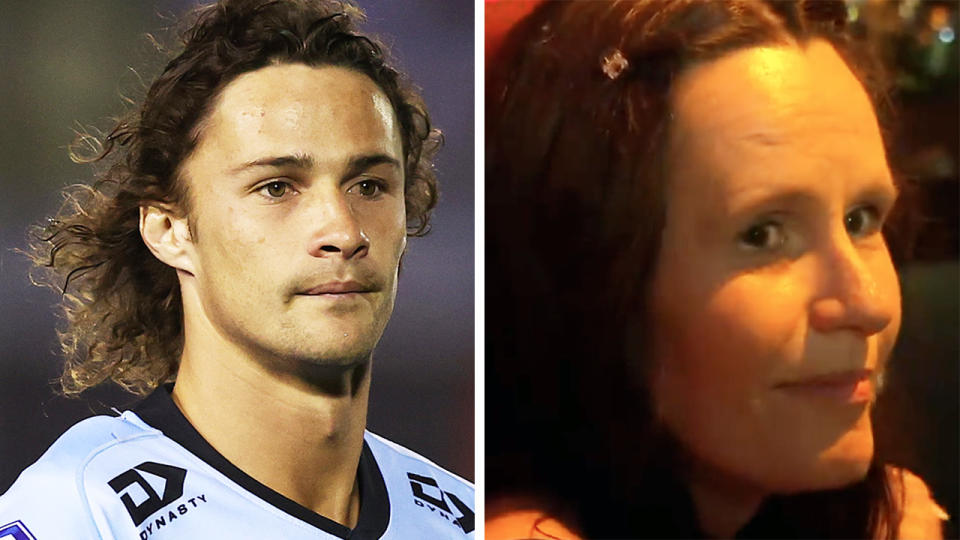 Nicho Hynes has admitted he's found it difficult to prepare for Cronulla's 2023 NRL season while his mother Julie has faced court, but hopes to be an example for other facing similarly challenging circumstances. Pictures: Getty Images/Channel 9