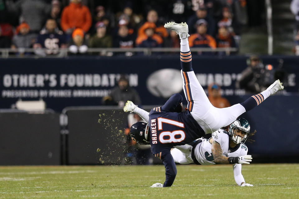 <p>Adam Shaheen #87 of the Chicago Bears tries to avoid the tackle of Cre’von LeBlanc #34 of the Philadelphia Eagles in the second half of the NFC Wild Card Playoff game at Soldier Field on January 06, 2019 in Chicago, Illinois. (Photo by Dylan Buell/Getty Images) </p>