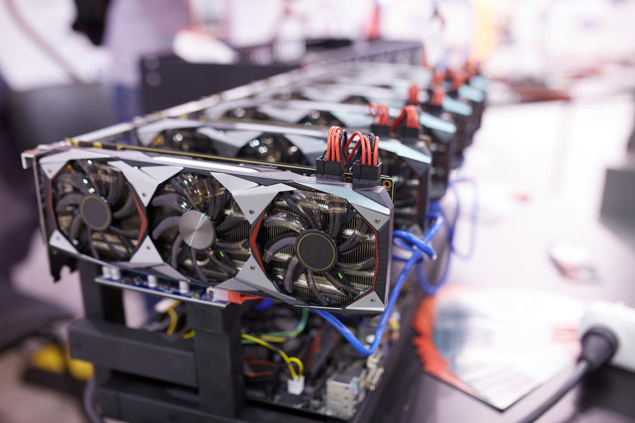 Cryptocurrency mining equipment - lots of gpu cards on mainboard gain money