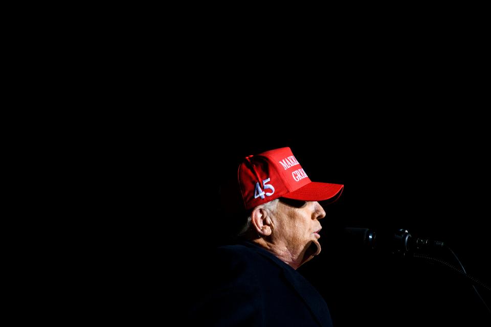 SIOUX CITY, IA - Former U.S. President Donald Trump speaks during a campaign event at Sioux Gateway Airport on Nov. 3, 2022 in Sioux City, Iowa. Trump held the rally to support for Iowa GOP candidates ahead of the state's midterm election on November 8th.