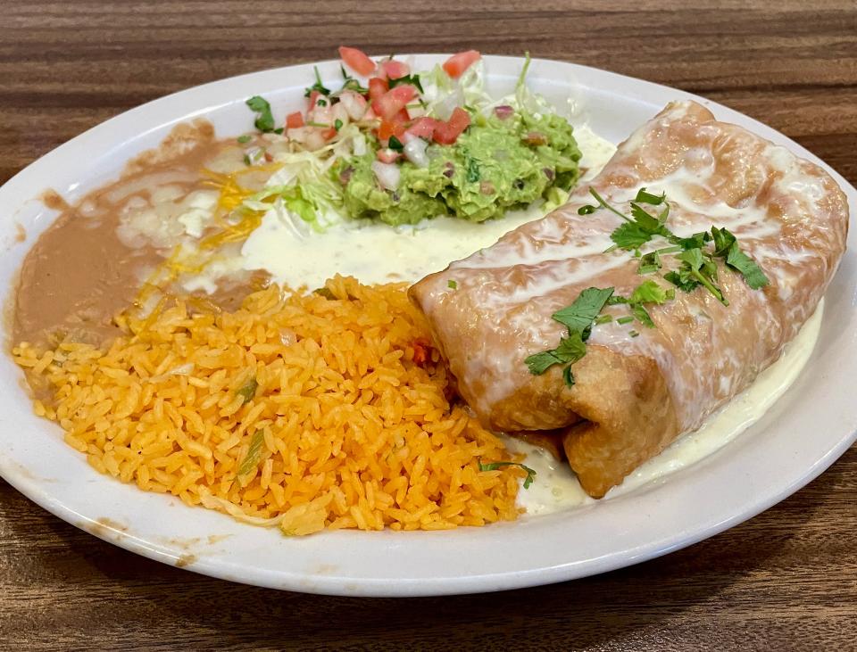 A Shrimp Chimichanga with a side of rice and beans from Rancho Chico is seen in April 2024 in Springfield.