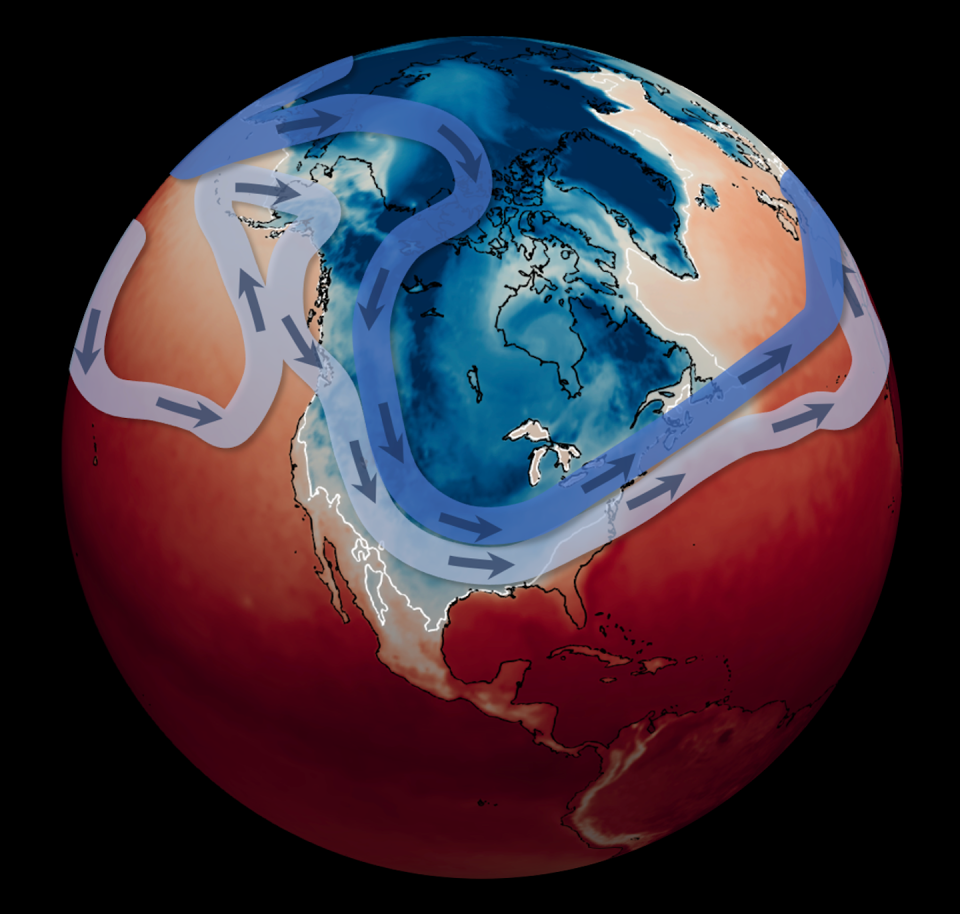 Surface temperatures and the jet stream at 7 a.m. EST on Jan. 16, 2024, with the stratospheric polar vortex also shown as the dark blue line. Mathew Barlow/UMass Lowell, <a href="http://creativecommons.org/licenses/by/4.0/" rel="nofollow noopener" target="_blank" data-ylk="slk:CC BY;elm:context_link;itc:0;sec:content-canvas" class="link ">CC BY</a>