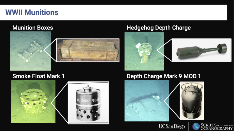 Images of ammunition boxes, smoke floats, and two types of World War II depth charges that Scripps researchers found underwater.