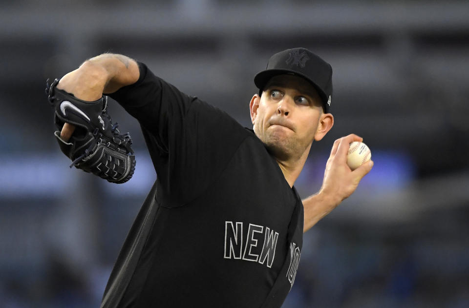 New York Yankees starting pitcher James Paxton throws during the first inning of a baseball game against the Los Angeles Dodgers on Friday, Aug. 23, 2019, in Los Angeles. (AP Photo/Mark J. Terrill)