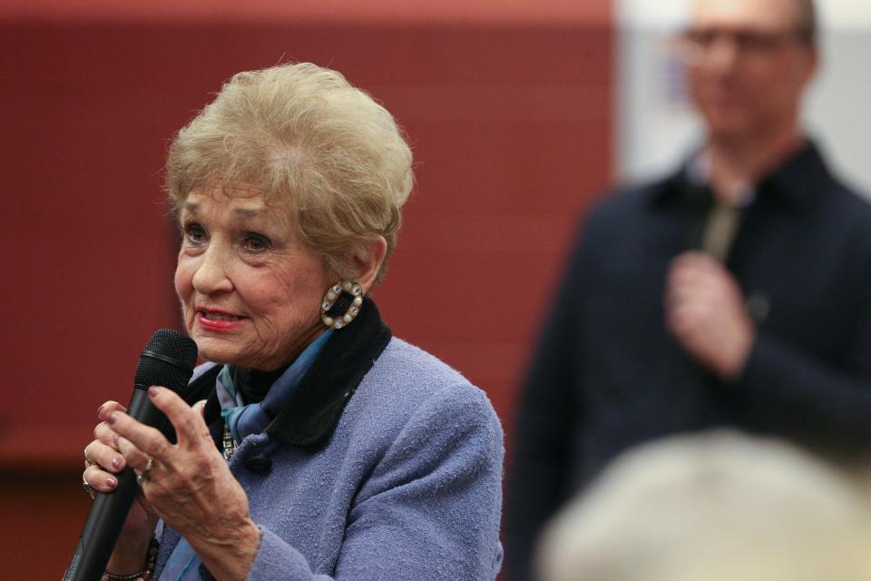 Sheila Klinker, Indiana state Rep. speaks to people at the 'We the People' town hall on Thursday, Jan. 18, 2024, in Lafayette, Ind.