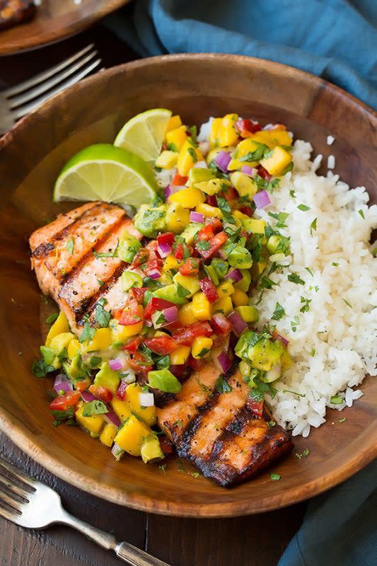 <p>Cooking Classy</p><p>This incredibly delicious grilled lime salmon with mango salsa and coconut rice is a restaurant-quality meal that you can make and enjoy in the comfort of your own home. It’s packed with fresh, irresistible flavors that will leave you craving more!</p><p><strong>Get the recipe: <a href="https://www.cookingclassy.com/grilled-lime-salmon-avocado-mango-salsa-coconut-rice/" rel="nofollow noopener" target="_blank" data-ylk="slk:Grilled Lime Salmon with Mango Salsa and Coconut Rice;elm:context_link;itc:0;sec:content-canvas" class="link rapid-noclick-resp"><em>Grilled Lime Salmon with Mango Salsa and Coconut Rice</em></a></strong></p>