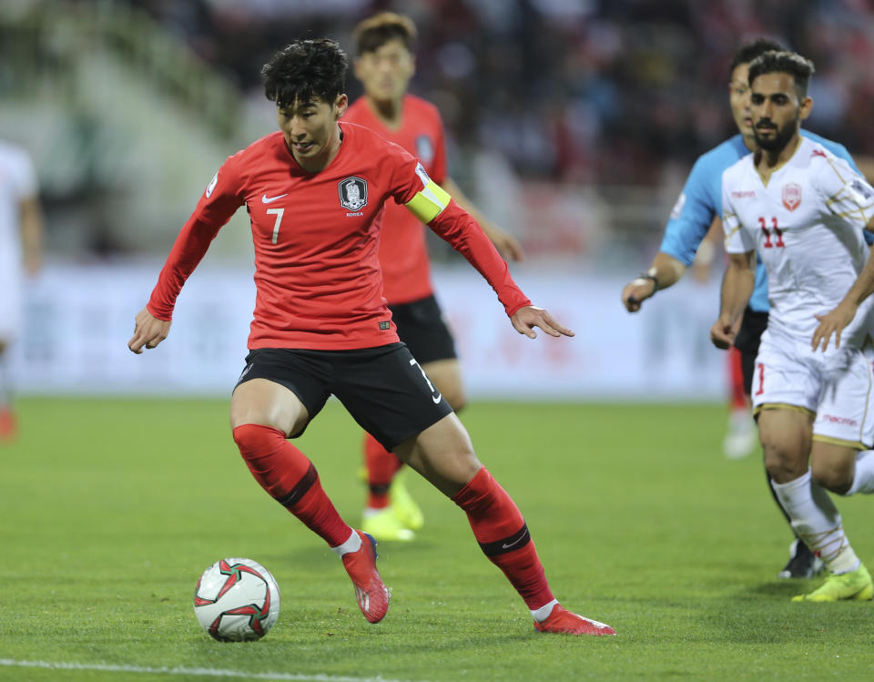 South Korea's forward Son Heung-Min. in action during the AFC Asian Cup round of 16 soccer match between South Korea and Bahrain at the Rashid Stadium in Dubai, United Arab Emirates, Tuesday, Jan. 22, 2019. (AP Photo/Kamran Jebreili)