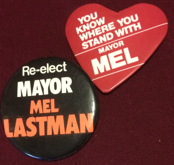 <p>Two vintage buttons from one of Mel Lastman’s re-election campaigns. Lastman served as a mayor for more than 30 years, first in North York then the amalgamated Toronto until 2003. Who’s better than Bad Boy? <a rel="nofollow noopener" href="http://etsy.me/2fLGWoM" target="_blank" data-ylk="slk:Etsy;elm:context_link;itc:0;sec:content-canvas" class="link ">Etsy</a> </p>