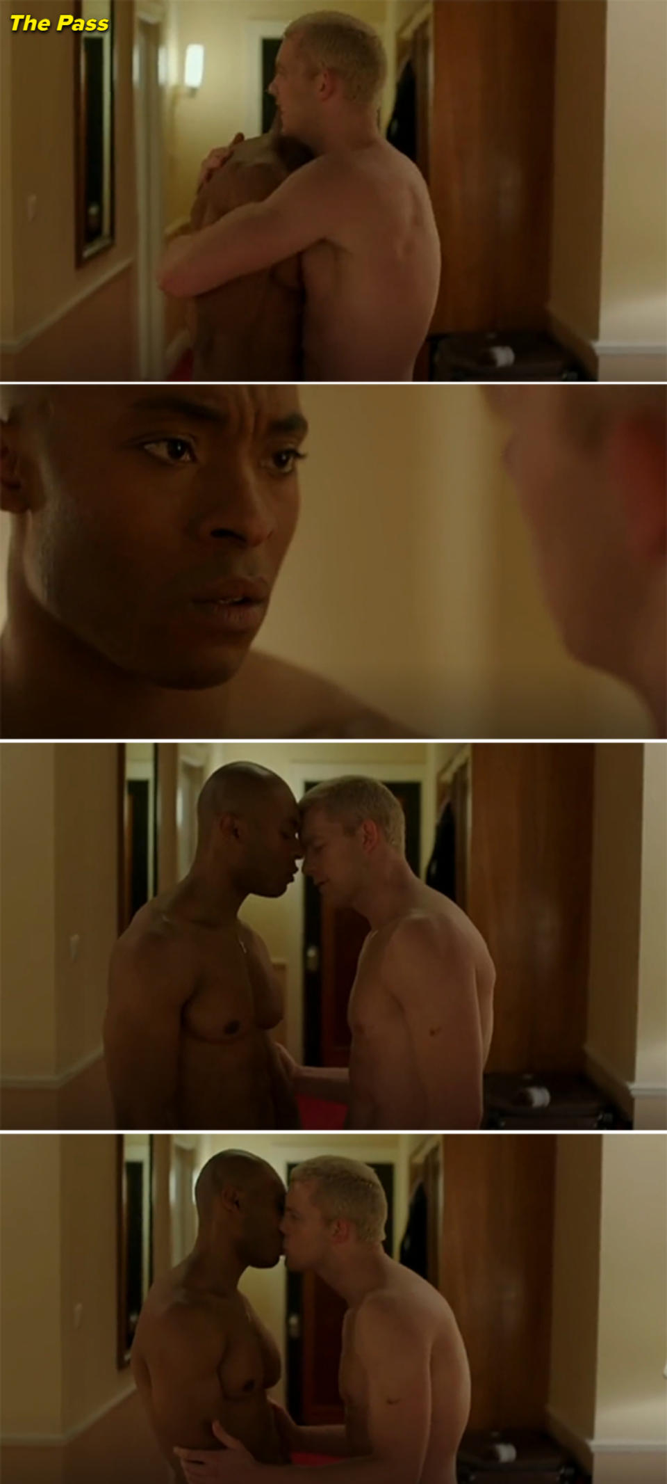 Two shirtless individuals, portrayed as intimate partners, share a close, personal moment in a home setting. Their expressions suggest a deep emotional connection