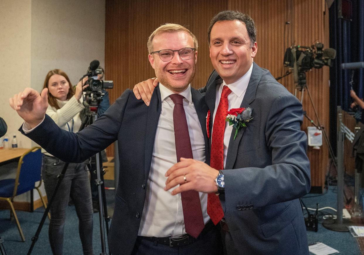 Scottish Labour leader Anas Sarwar (right) with candidate Michael Shanks after Labour won the Rutherglen and Hamilton West by-election (PA)