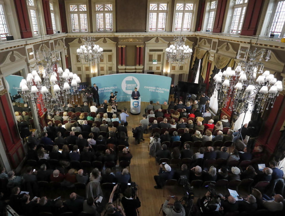 Brexit party leader Nigel Farage speaks during an event as part of the General Election campaign trail, in Hartlepool, England, Monday, Nov. 11, 2019. Hartlepool has elected lawmakers from the left-of-center Labour Party for more than half a century. But in 2016, almost 70% of voters here backed leaving the European Union. More than three years later, the U.K. is still an EU member, and loyalty to Labour has been eroded by frustration. (AP Photo/Frank Augstein)