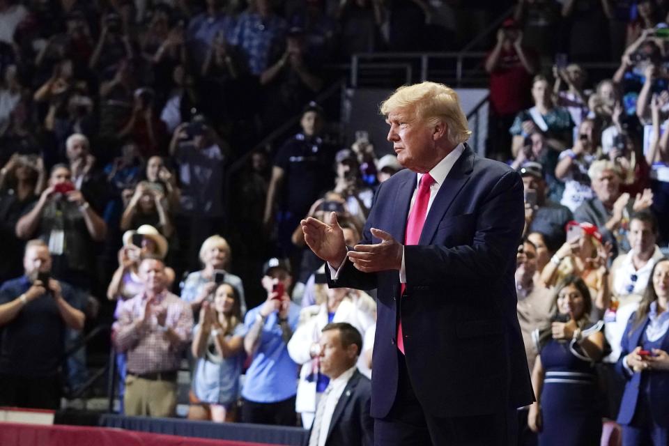 Former President Donald Trump arrives to speak at a Save America rally Friday, July 22, 2022, in Prescott, Ariz. (AP Photo/Ross D. Franklin)