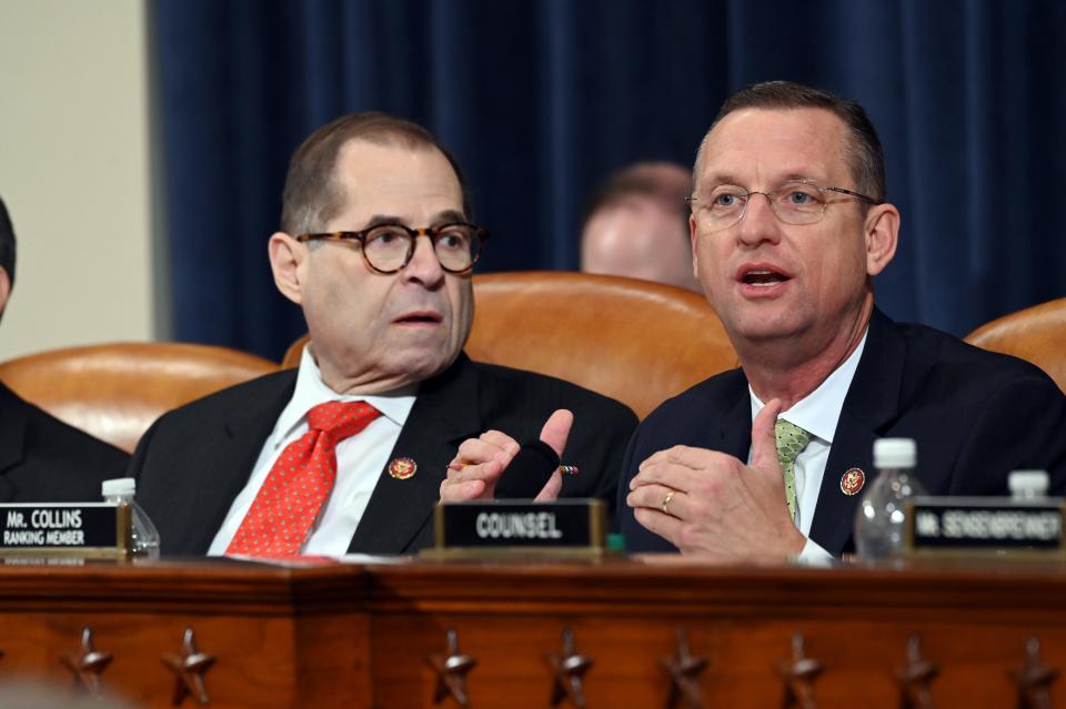 House Judiciary Committee ranking member Rep. Doug Collins, R-Ga., right, speaks as Chairman Rep. Jerrold Nadler, D-N.Y., listens during the markup of H.Res. 755, Articles of Impeachment Against President Donald J. Trump in Washington, DC on Dec. 12, 2019.