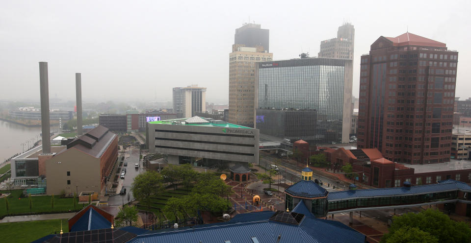 A view of the HCR ManorCare (R) and ProMedica (2nd L) headquarter buildings in Toledo, Ohio, U.S., May 14, 2018. Picture taken May 14, 2018.  REUTERS/Aaron Josefczeyk