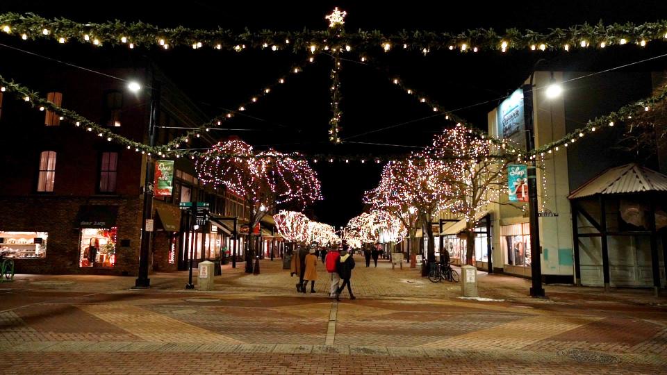 Holiday lights at the Church Street marketplace, at the corner of Church and Cherry streets, on Nov. 29, 2021.