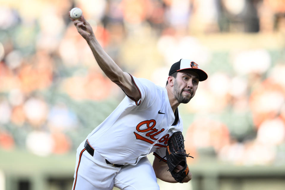 Baltimore Orioles starting pitcher Grayson Rodriguez throws during the first inning of a baseball game against the New York Yankees, Monday, April 29, 2024, in Baltimore. (AP Photo/Nick Wass)