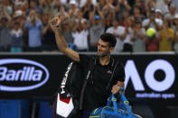 Tennis - Australian Open - Margaret Court Arena, Melbourne, Australia, January 20, 2018. Serbia's Novak Djokovic celebrates winning his match against Spain's Albert Ramos-Vinolas. REUTERS/Issei Kato