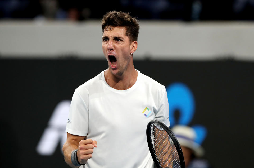 Pictured here, Australia's Thanasi Kokkinakis reacting to his Adelaide International semi-final win over Marin Cilic.