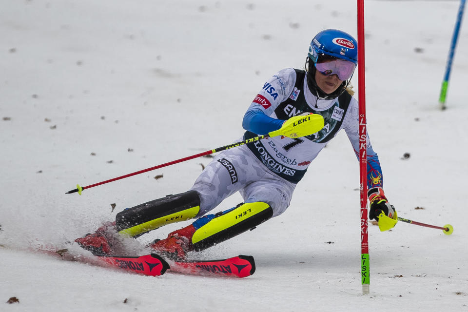 Mikaela Shiffrin competes during the Audi FIS Ski World Cup Snow Queen Trophy Women's Slalom at Sljeme on January 04, 2022.  / Credit: Getty Images