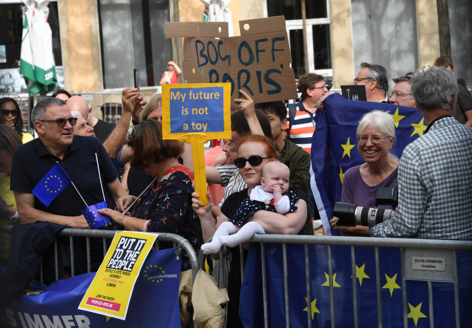 Protesters outside the Luxembourg Ministry of State in Luxembourg, prior to a meeting between Prime Minister Boris Johnson and Luxembourg Prime Minister Xavier Bettel. (PA)