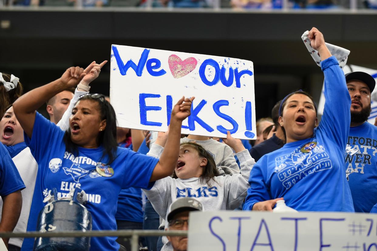 Stratford fans get rowdy after their team recovers a fumble during the Texas state high school football Conference 2A Division II championship game between Stratford and Falls City at AT&T Stadium in Arlington, Texas on Thursday, December 16, 2021. (Emil Lippe for the Amarillo Globe-News)