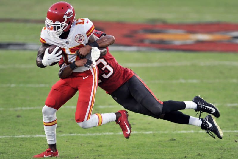 Kansas City Chiefs wides receiver Mecole Hardman (L) was a 2019 Pro Bowl selection. File Photo by Steve Nesius/UPI