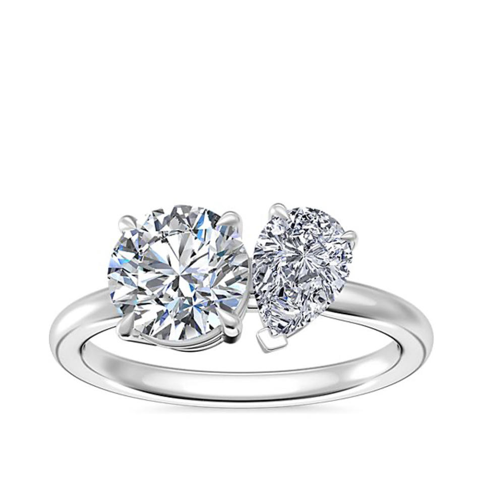 Blue Nile Two Stone Engagement Ring With Pear Shaped Diamond In 14k White Gold on white background