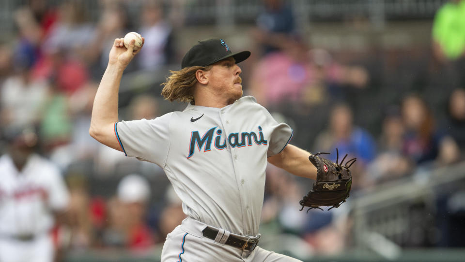 Miami Marlins relief pitcher Jeff Brigham throws in the fifth inning of a baseball against the Atlanta Braves, Sunday, Sept. 4, 2022, in Atlanta. (AP Photo/Hakim Wright Sr.)