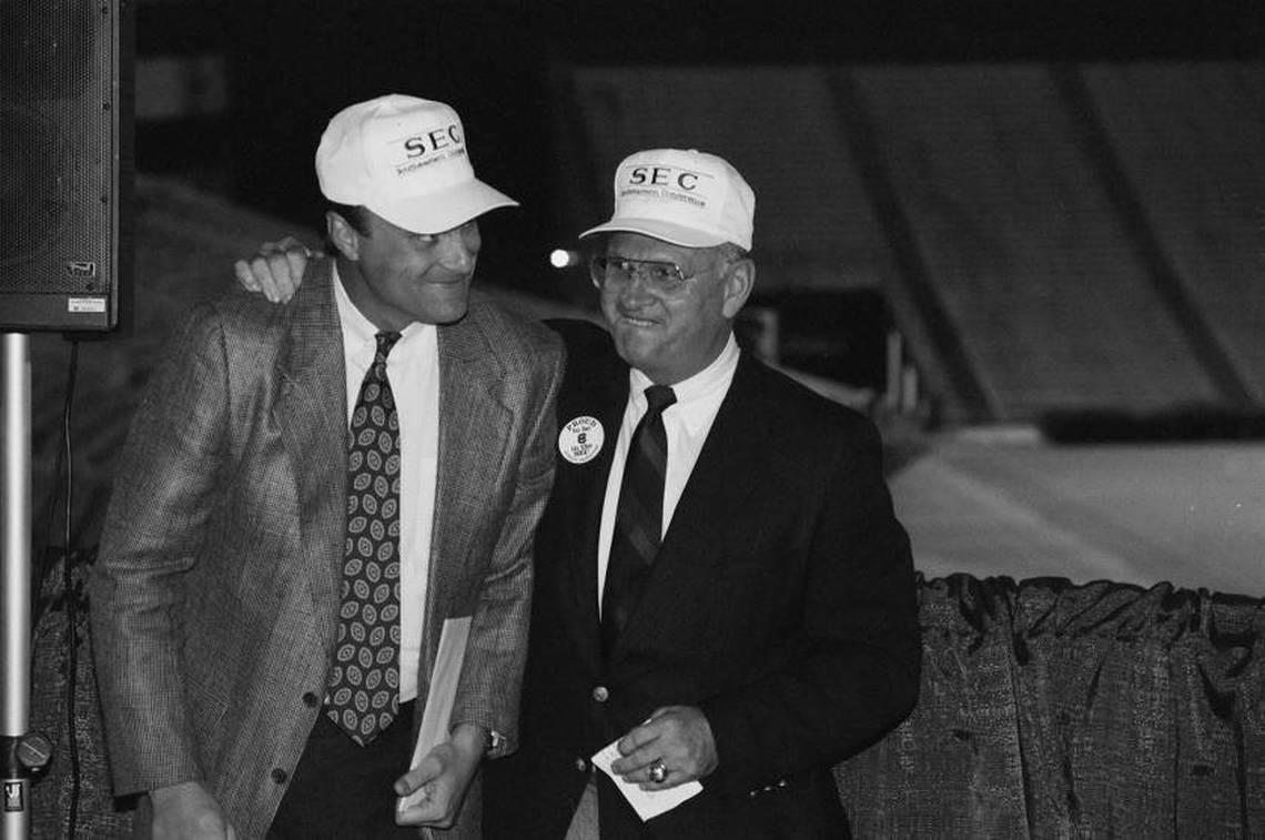From Sept. 25, 1990: USC football coach Sparky Woods and athletic director King Dixon wear SEC hats during a press conference announcing that the University of South Carolina will join the Southeastern Conference.