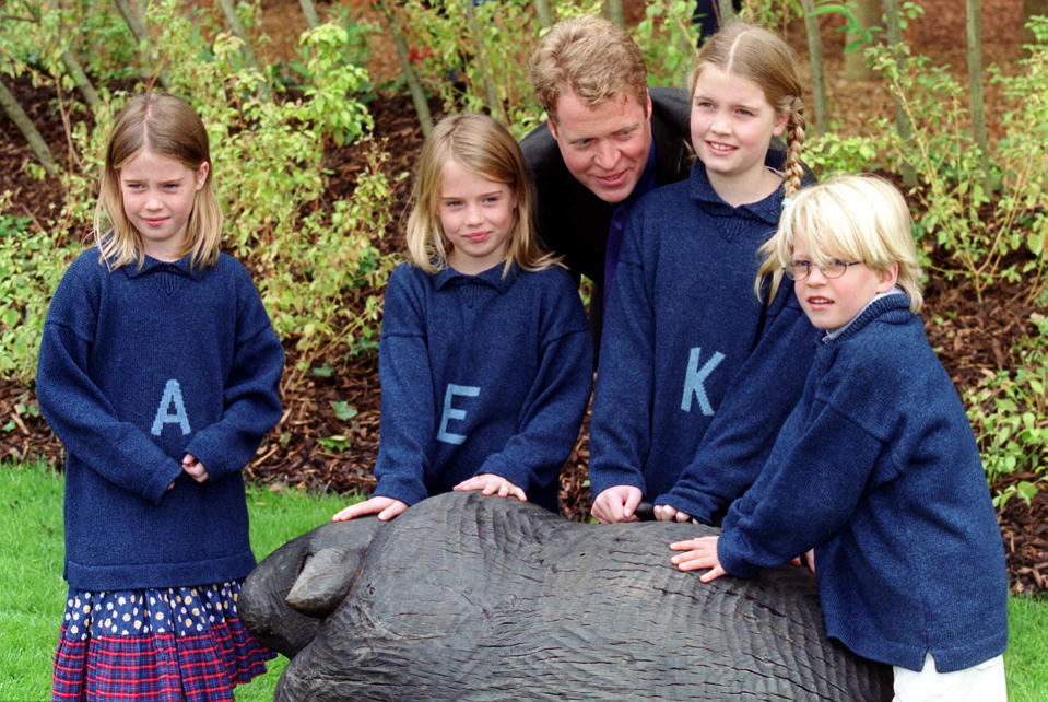 Earl Spencer with his children (l to r) Amelia, Eliza, Kitty and Louis at the opening of the Diana, Princess of Wales memorial garden, in Hyde Park, which was opened by Rosa Monckton, one of the best friends of the late Princess, and her 5 year old daughter Domenica.   (Photo by Peter Jordan - PA Images/PA Images via Getty Images)