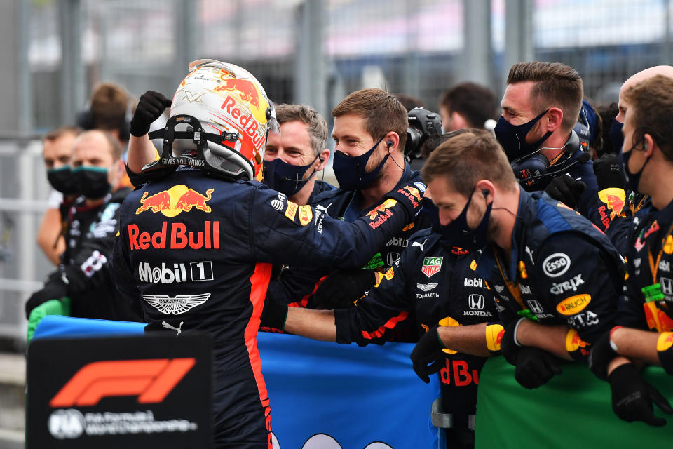 BUDAPEST, HUNGARY - JULY 19: Second placed Max Verstappen of Netherlands and Red Bull Racing celebrates with team members in parc ferme after the Formula One Grand Prix of Hungary at Hungaroring on July 19, 2020 in Budapest, Hungary. (Photo by Joe Klamar/Pool via Getty Images)