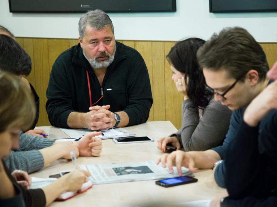 Dmitry Muratov, editor of Novaya Gazeta, attends a planning meeting with the editorial board in Moscow, Russia (Alexander Zemlianichenko/AP)