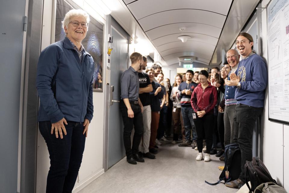 Nobel laureate Anne L'Huillier, who is one of this year's Nobel laureates in Physics, left, meets journalists at Lund University, in Lund, Sweden, on Tuesday, Oct. 3, 2023. The Nobel Prize in physics has been awarded to Pierre Agostini, Ferenc Krausz and Anne L’Huillier for looking at electrons in atoms by the tiniest of split seconds. (Ola Torkelsson/TT News Agency via AP)