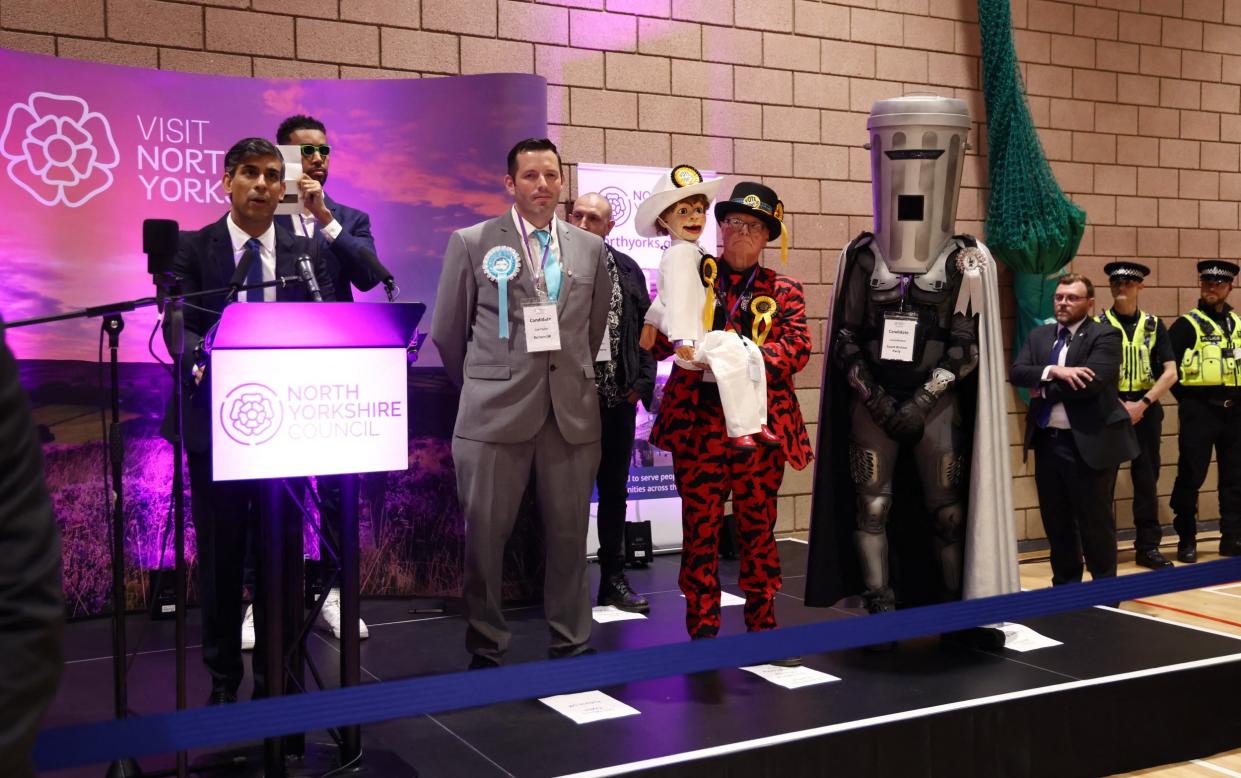 Mr Sunak delivered a speech, accompanied on stage by Niko Omilana, an Independent candidate, Lee Martin Taylor, the Reform UK candidate; Rio Goldhammer, the Yorkshire Party candidate; Sir Archibald Stanton of The Official Monster Raving Loony Party and Count Binface