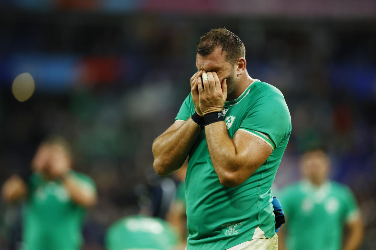 Ireland's Tadhg Beirne looks dejected as New Zealand edge a quarter-final Rugby World Cup thriller in Paris (Reuters via Beat Media Group subscription)