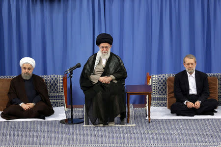 (R L) Iran's parliament speaker Ali Larijani, Iran's Supreme Leader Ayatollah Ali Khamenei, and Iranian President Hassan Rouhani attend Supreme Leader’s meeting with authorities of the country and ambassadors of Islamic countries, in Tehran, Iran July 6, 2016. President.ir/Handout via REUTERS